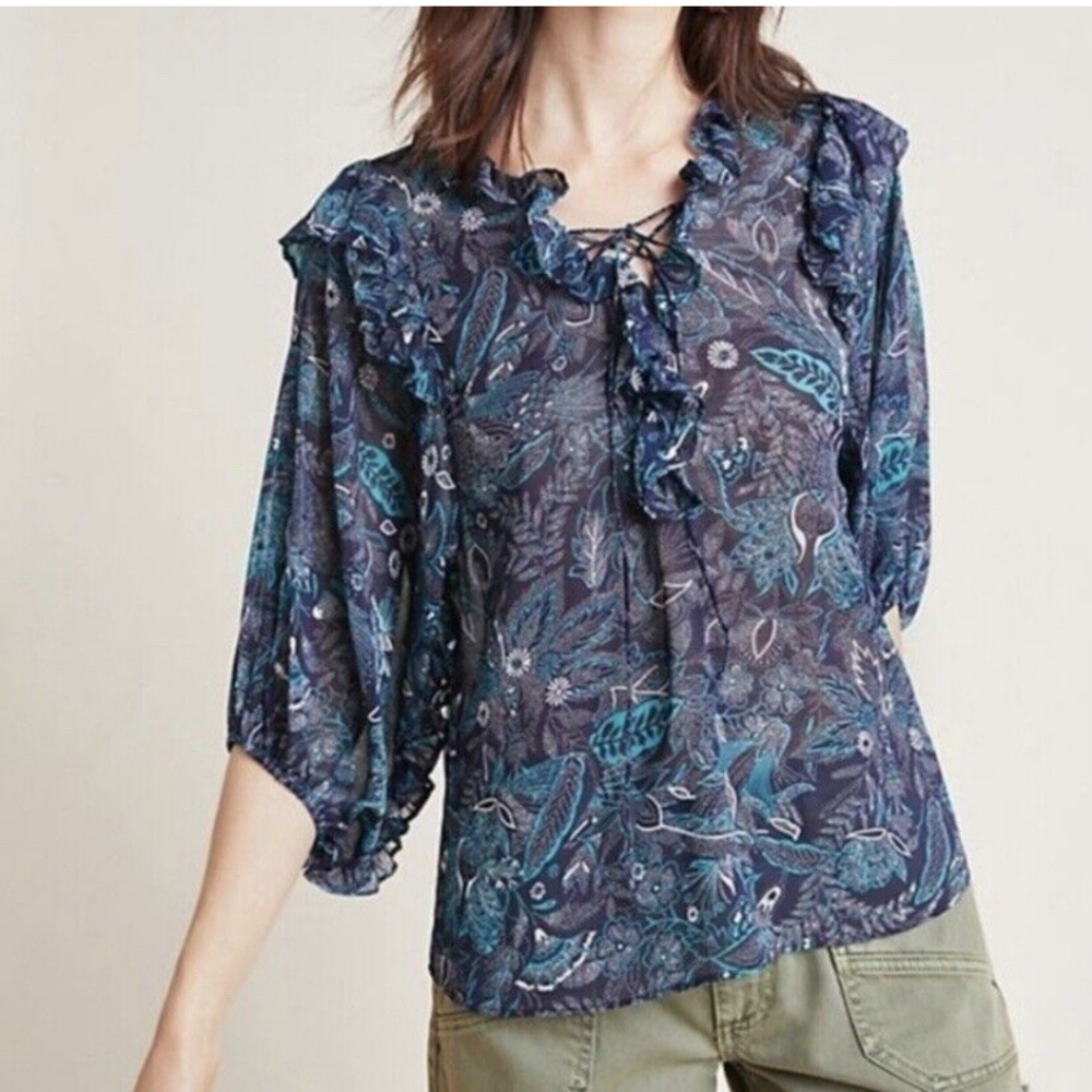Anthropologie Sheer Paisley Ruffle Blouse